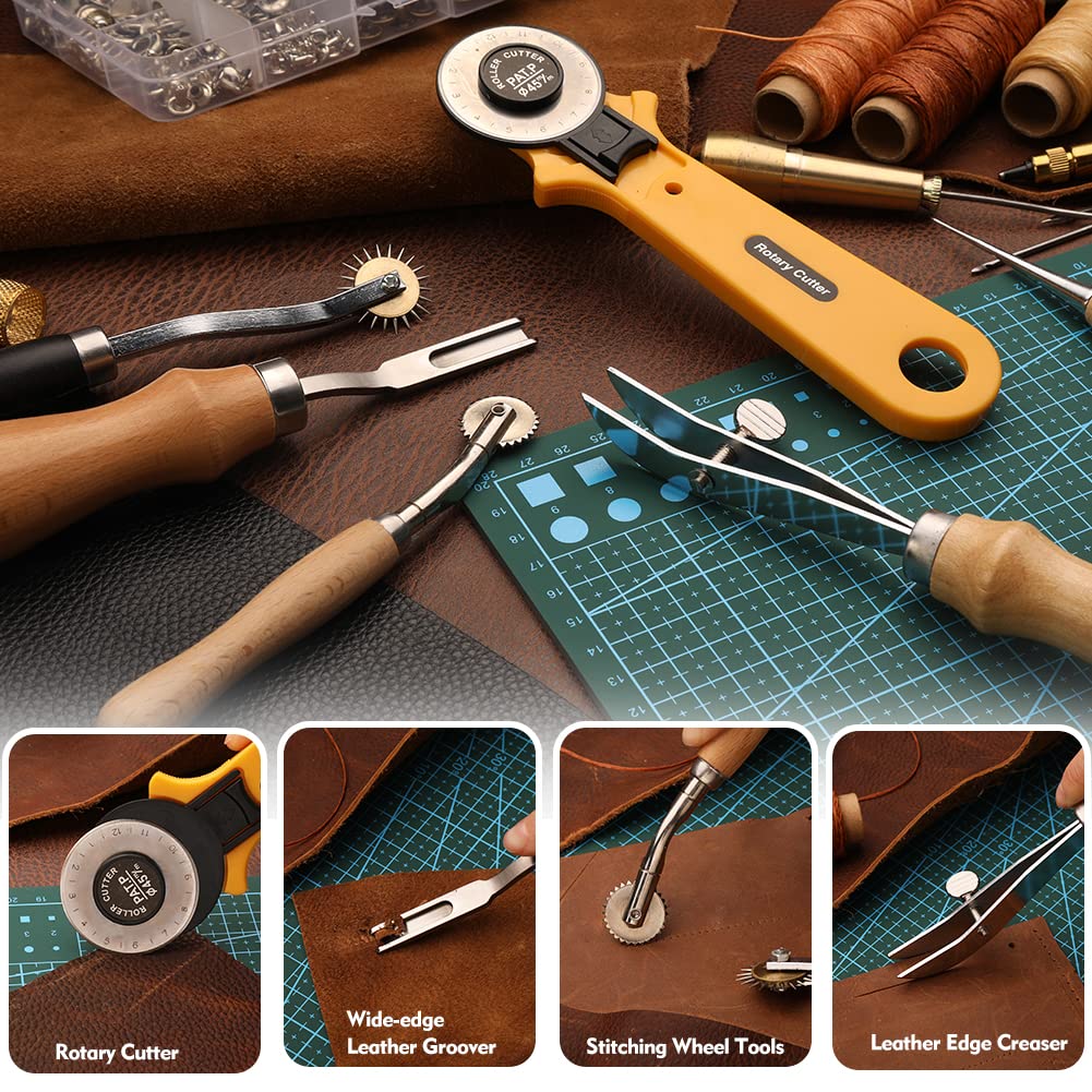 Leather Working Tools: Professional Leather Working Kit with Leather Snap Fasteners and Rivets Kit, Automatic Hole Punch, Waxed Thread Stitching Groover Leather Repair Kit for Furniture