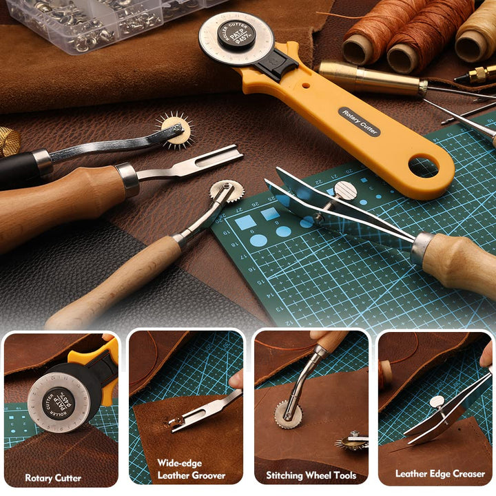 Leather Working Tools: Professional Leather Working Kit with Leather Snap Fasteners and Rivets Kit, Automatic Hole Punch, Waxed Thread Stitching Groover Leather Repair Kit for Furniture
