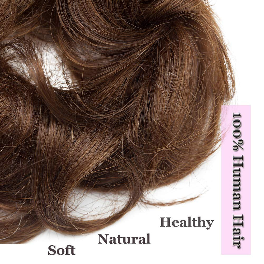 Human Hair Scrunchy Updo Messy Bun Hair Piece Wavy Curly Scrunchie Hair Bun with Elastic Rubber Band Top Knot Chignons for Women Wedding Party Hairpiece Medium Brown 1pc