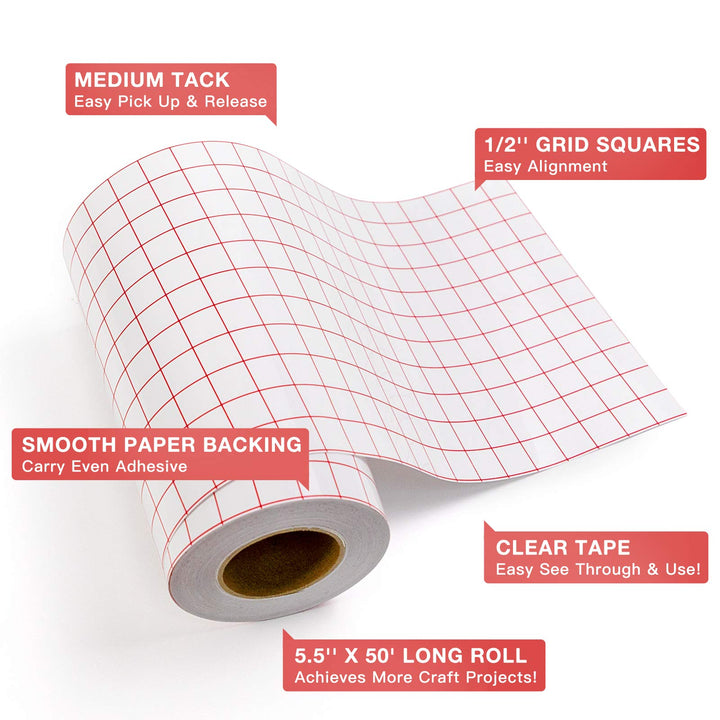 HTVRONT Transfer Tape for Vinyl- 5.5 x 50 FT w/Red Alignment Grid for Adhesive Vinyl, Silhouette Cameo Transfer Paper for Vinyl for Decals,Signs, Windows, Stickers