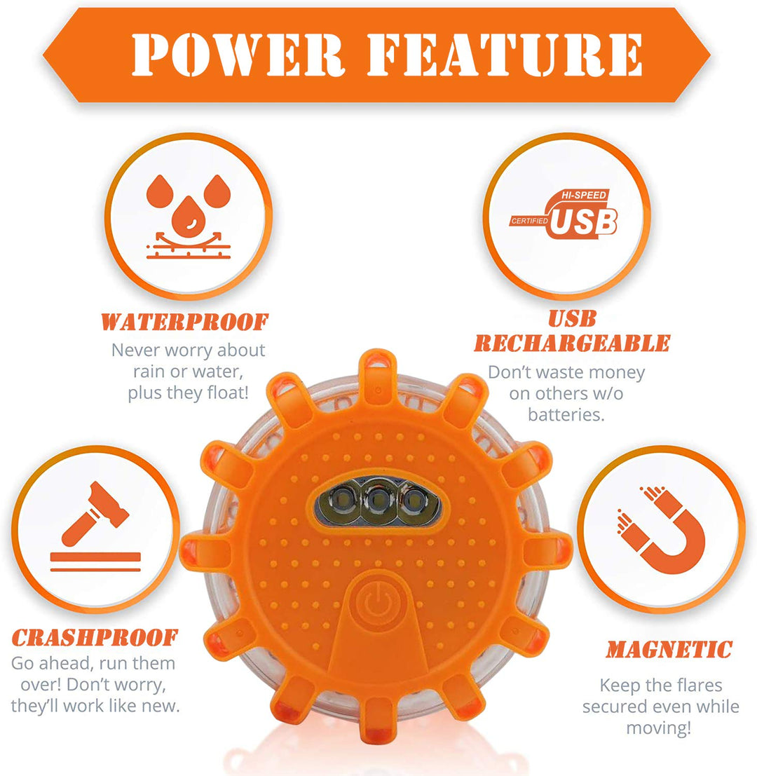 USB Rechargeable LED Road Flares Emergency Lights-Roadside Warning Car Safety Beacon Flashing Disc Flare Kit with Magnetic Base for Vehicles &amp; Boat | 3 Beacon Disc Pack