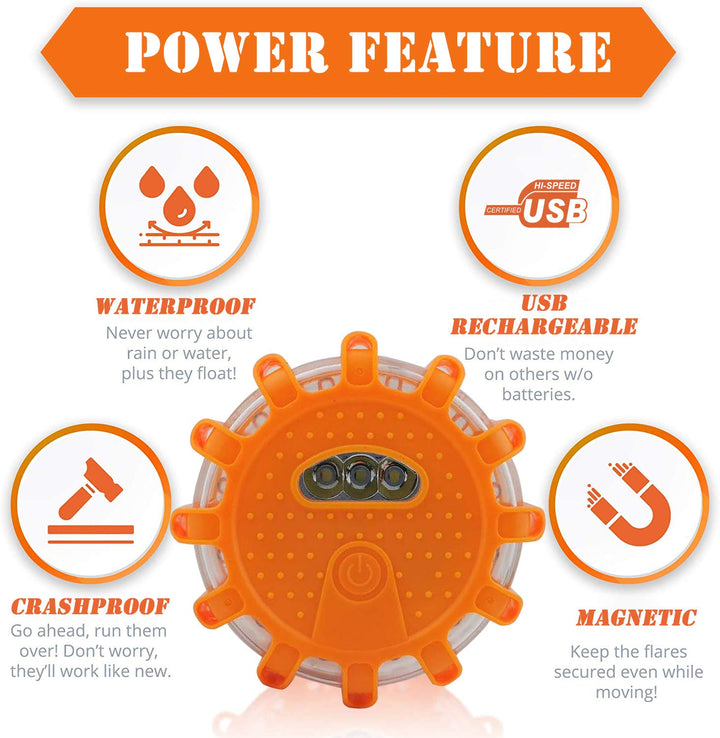 USB Rechargeable LED Road Flares Emergency Lights-Roadside Warning Car Safety Beacon Flashing Disc Flare Kit with Magnetic Base for Vehicles &amp; Boat | 3 Beacon Disc Pack