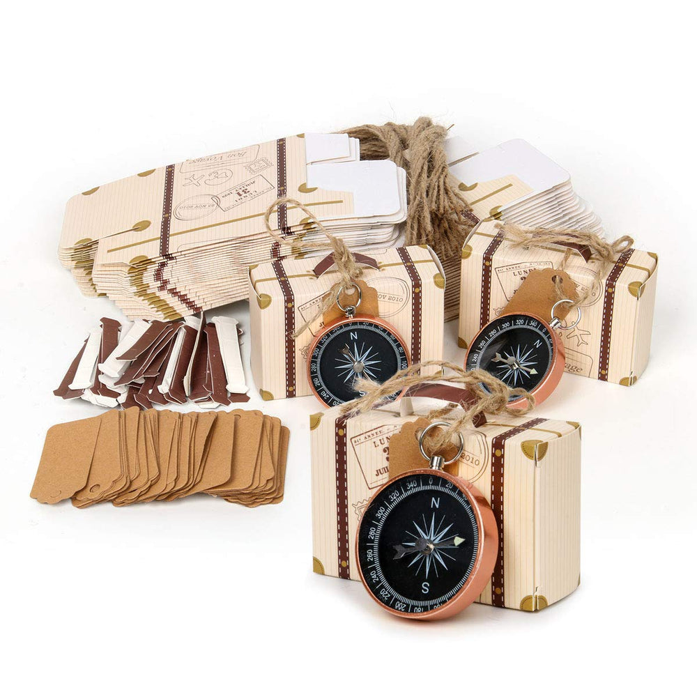 50Pcs Compass Pendant Wedding Favors for Guests Compass Souvenir Gift with Kraft Tags and Box for Travel Wedding Party Decorations Nautical Christmas Ornaments (Rose Gold)