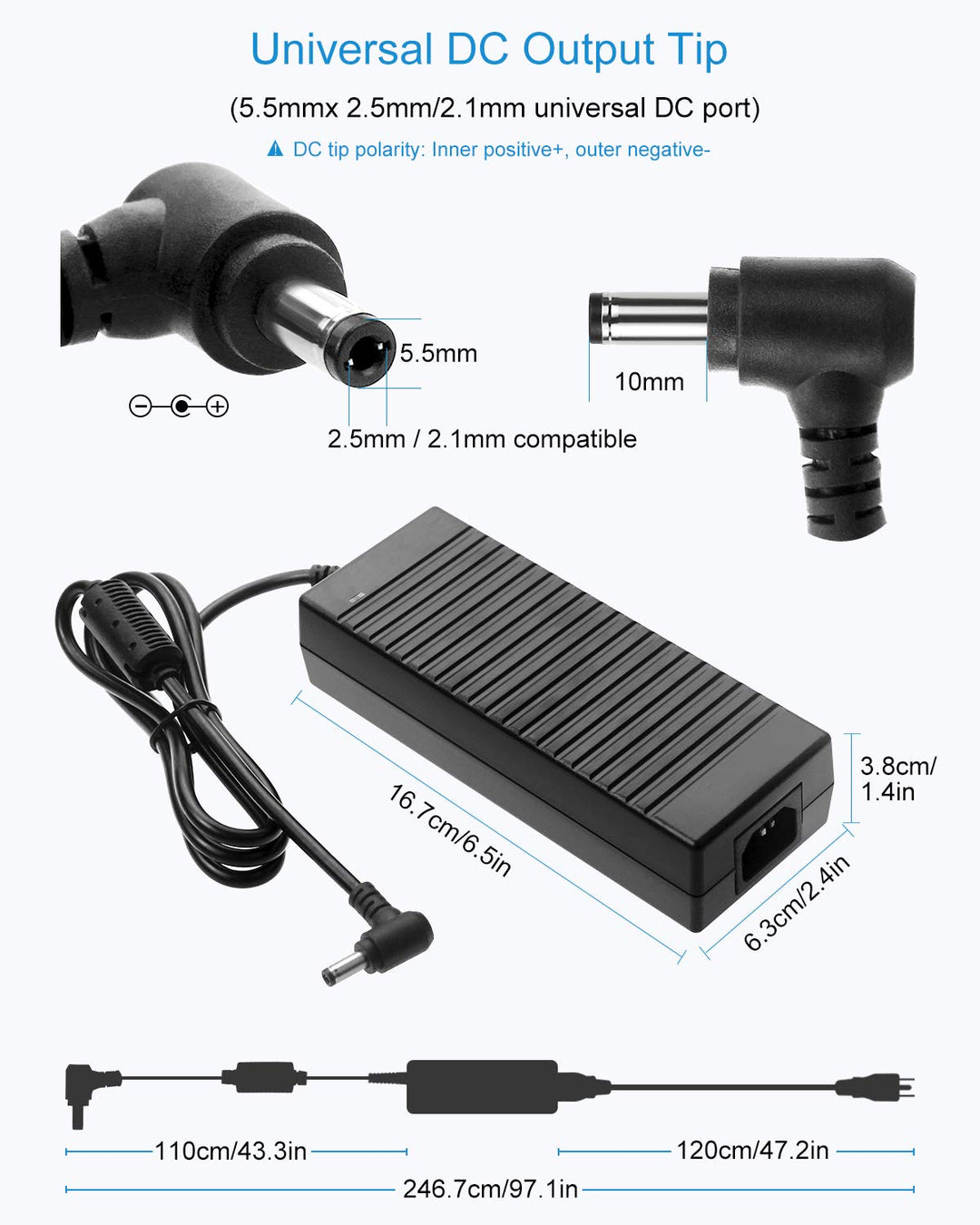 AC 100-240V to DC 12V 10A Power Supply Adapter Converter Transformer 12 Volt 10 Amp 120W with 5.5mm x 2.5mm 2.1mm DC Output Jack for 5050 3528 LED Strip Light CCTV Cameras 3D Printer