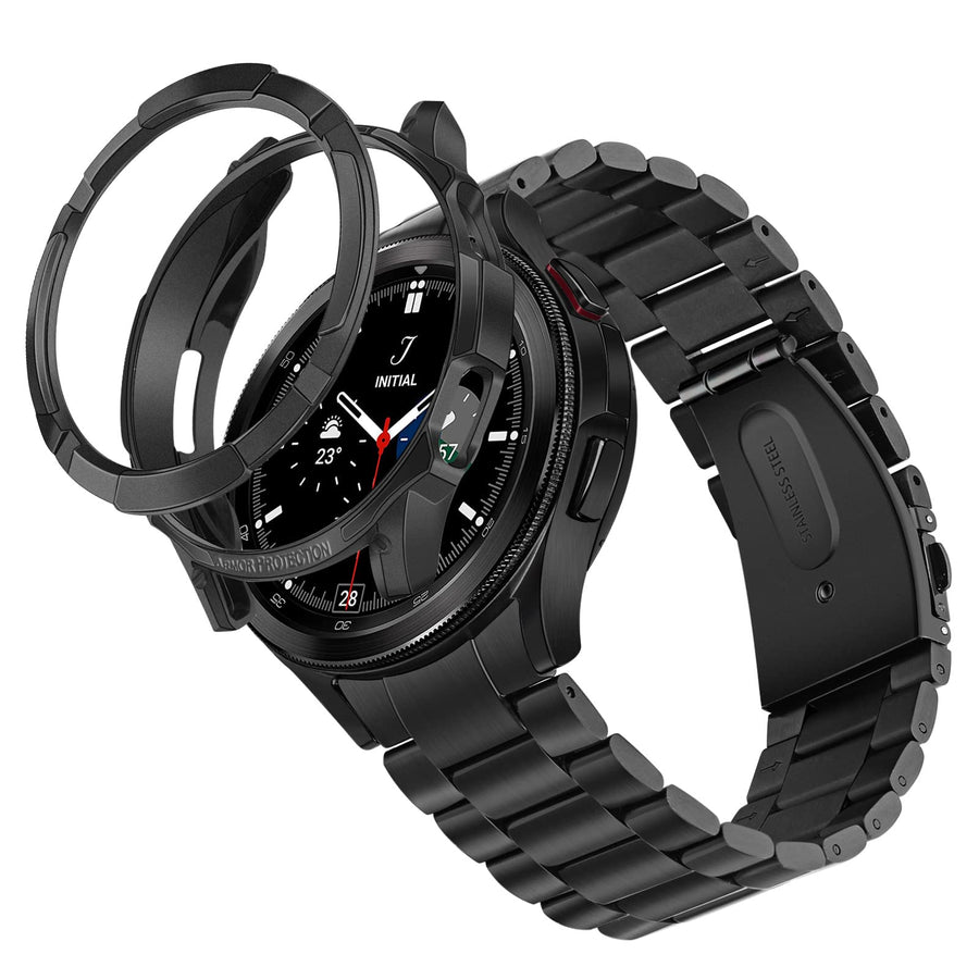 No Gap Band + Protective Case + Bezel for Galaxy Watch 4 Classic 46mm, Solid Stainless Steel Metal Bands Replacement Strap for Samsung Galaxy Watch 5 Pro 45mm
