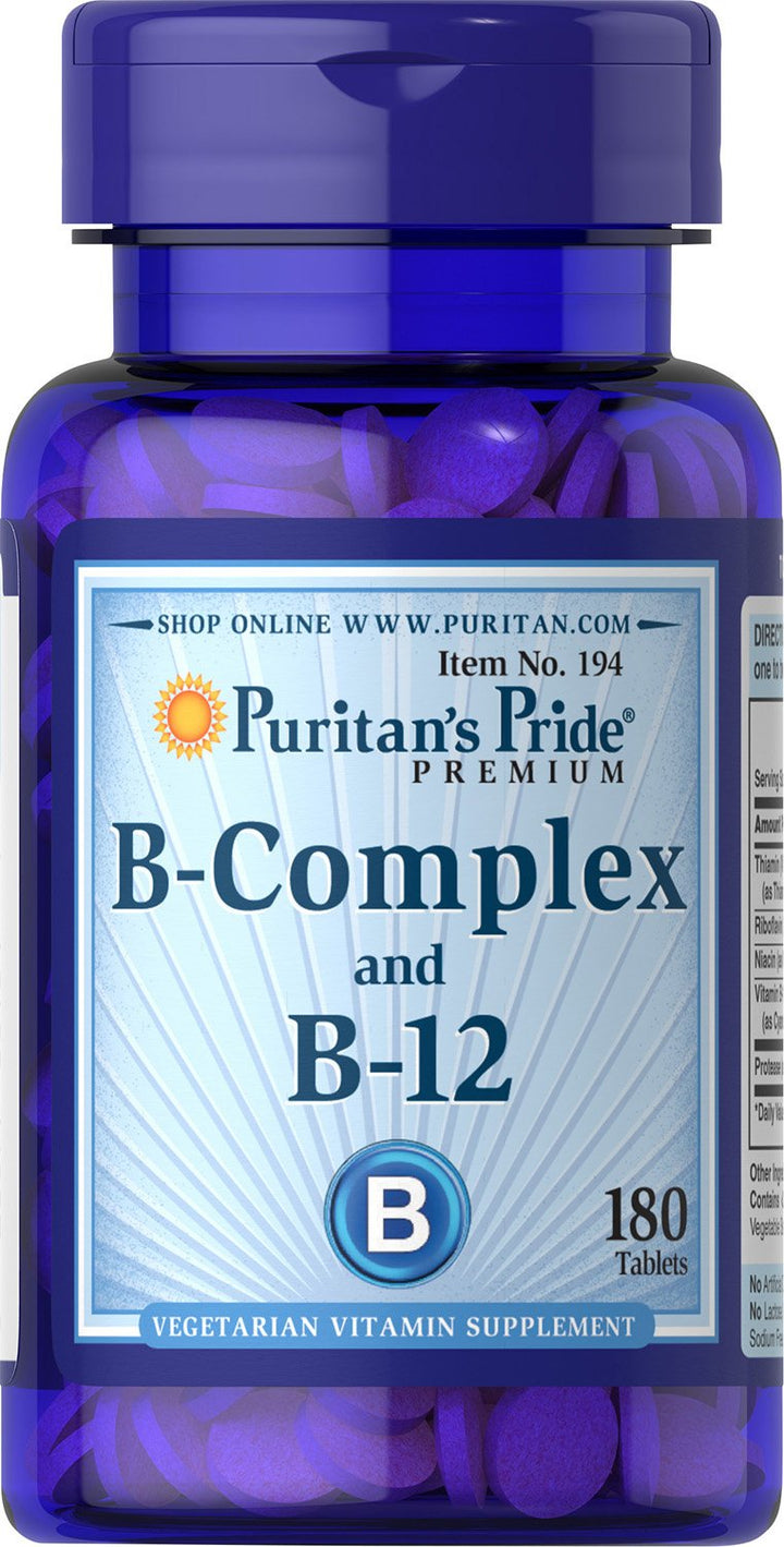 Puritan&#39;s Pride Premium Vitamin B-Complex and Vitamin B-12, Vegetarian Dietary Supplement for Cellular Energy Production, Maintains Health of Skin and Nerves Support, 180 Tablets