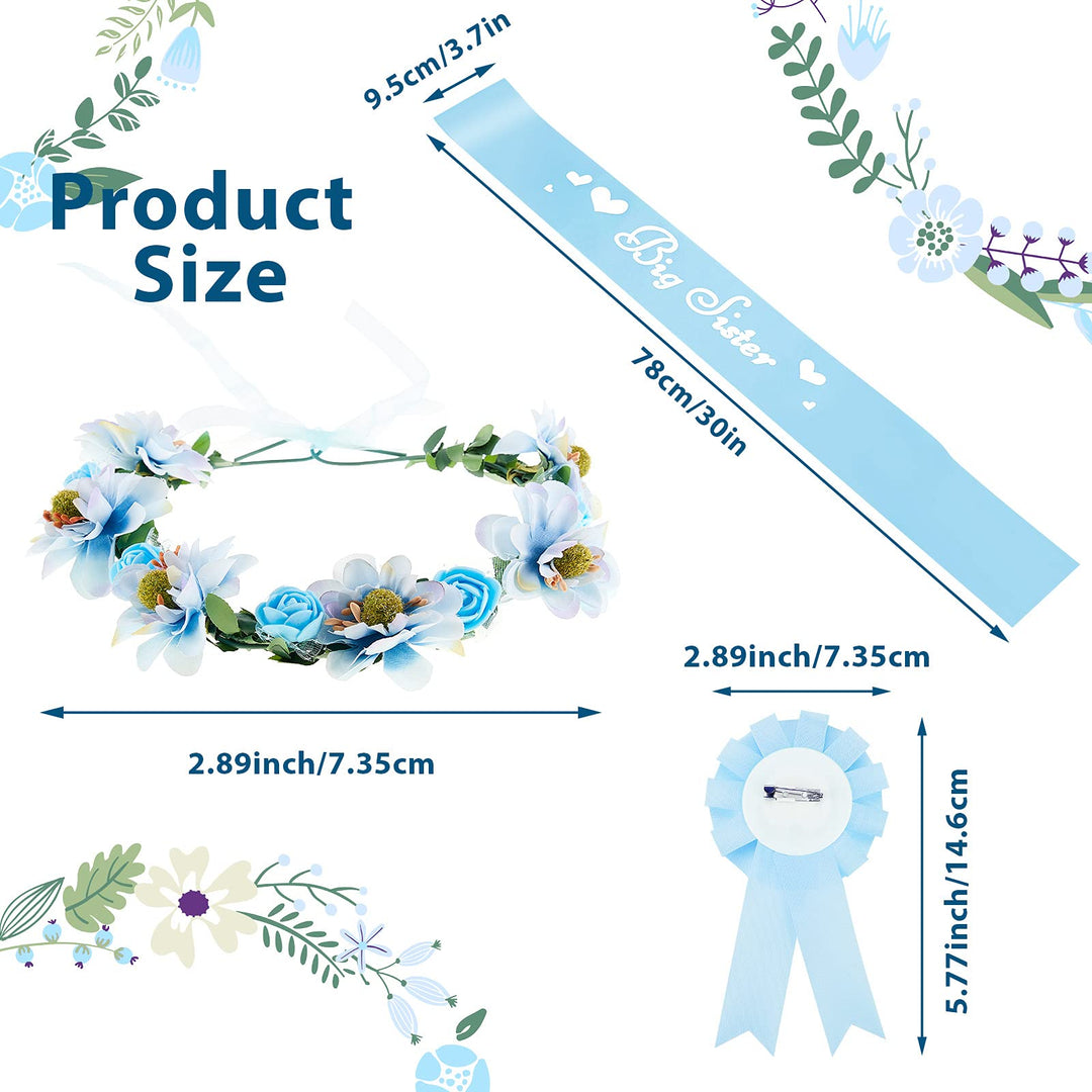 3 Pcs Big Sister Accessory Set Big Sister Flower Crown Satin Sash Pin Big Sister Gifts for Baby Shower Party(Blue)