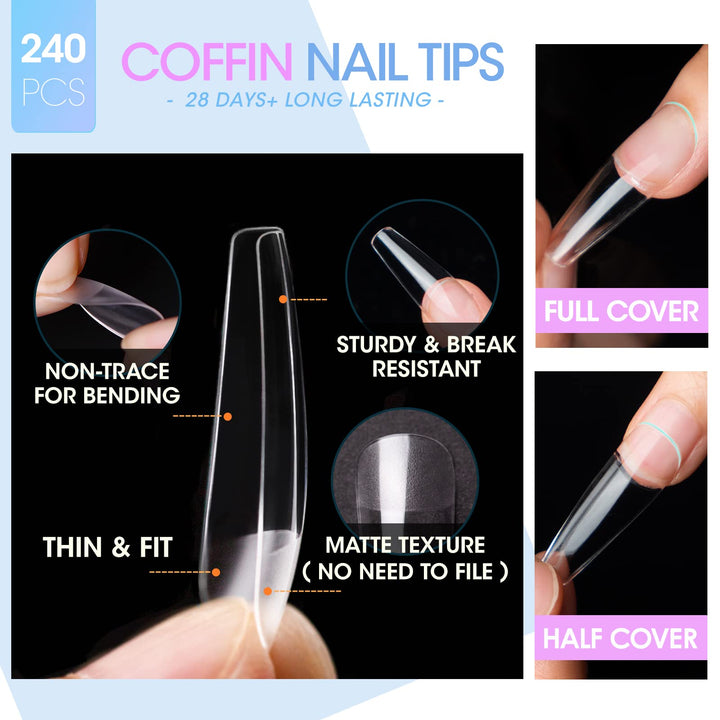 Gellen Nail Tips And Glue Gel Kit, 240Pcs Clear Coffin Fake Nails Gel x Nail Kit, 3 In 1 Nail Glue Gel, U V Nail Lamp, Gel Nail Extension Kit For Valentine’s Nail Art Decorations Manicure Gifts Set