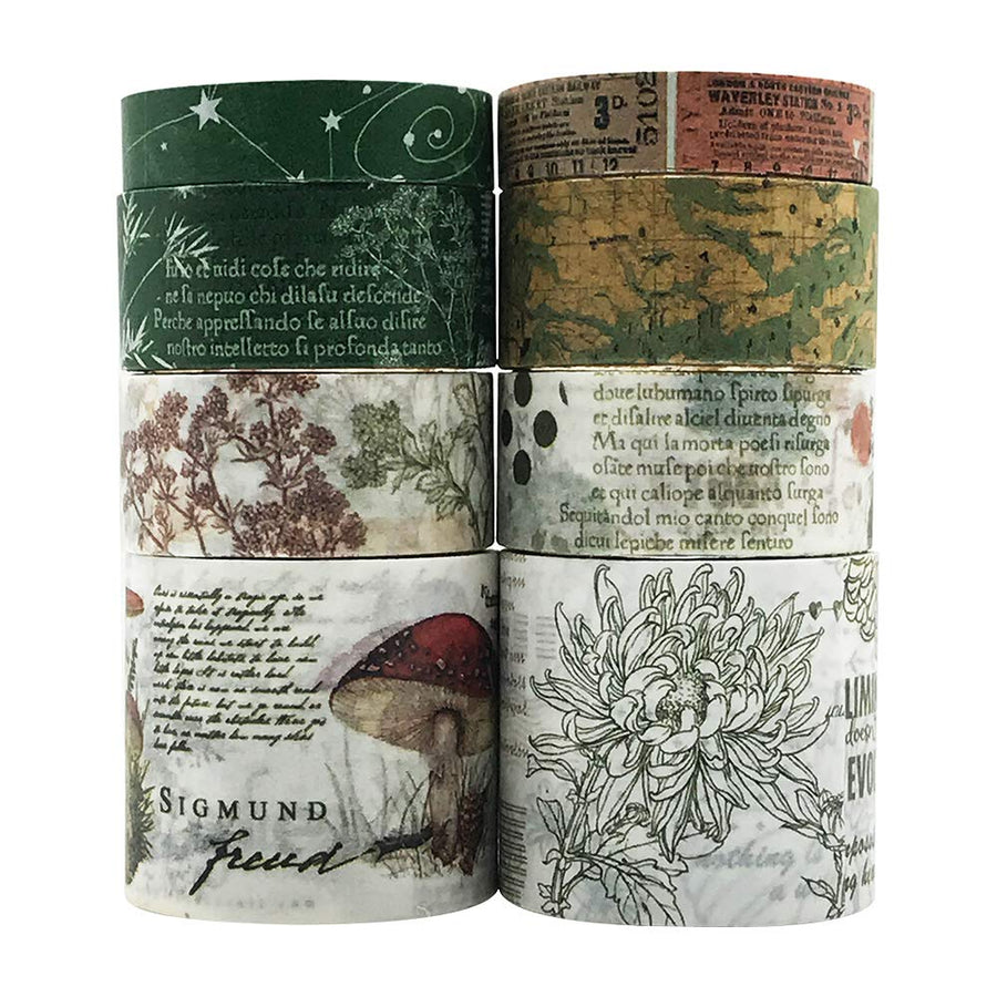Vintage Green Washi Tape Set, 8 Rolls Antique Mushroom Japanese Masking Writable Decorative Tapes for Bullet Journal Planners DIY Crafts Arts Scrapbooking Adhesive
