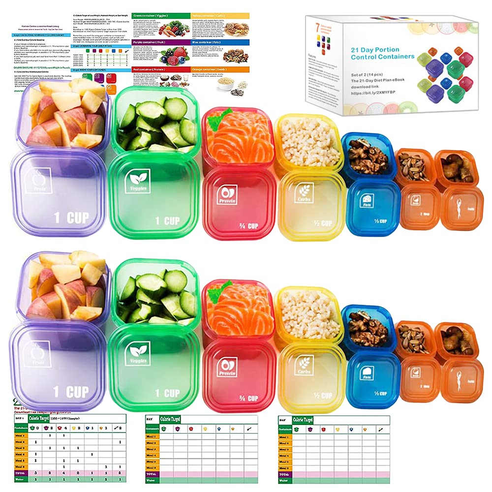 Portion Control Containers for Weight Loss (14 Piece) - 21 Day Fix Measuring Cups and Food Plan with Free eBook, Multi Color and Label Engraved Healthy Diet Containers