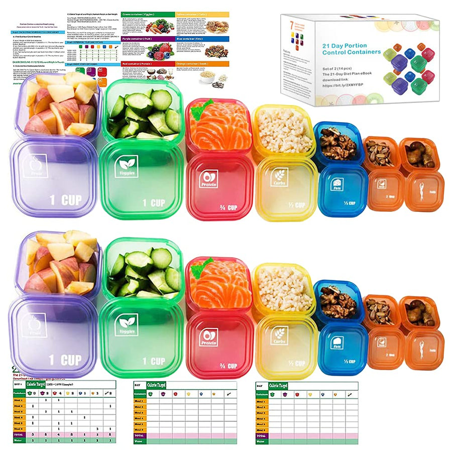 Portion Control Containers for Weight Loss (14 Piece) - 21 Day Fix Measuring Cups and Food Plan with Free eBook, Multi Color and Label Engraved Healthy Diet Containers