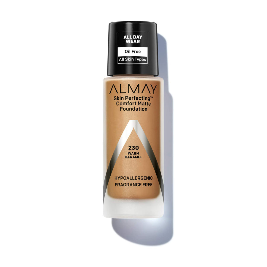 Skin Perfecting Comfort Matte Foundation, Hypoallergenic, Cruelty Free, -Fragrance Free, Dermatologist Tested Liquid Makeup, Warm Caramel, 1 Fluid Ounce