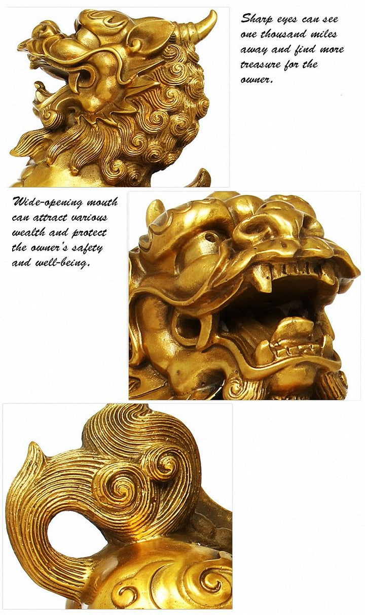 Feng Shui Set of Two Golden Brass Pi Yao/Pi Xiu Wealth Porsperity Figurine,Attract Wealth and Good Luck,Best Decoration for Office or Home