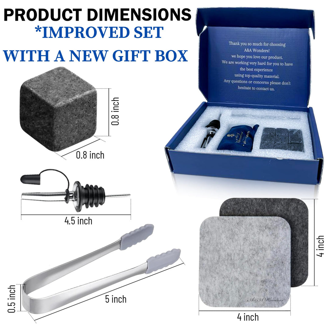 A&amp;A Wonders Premium Whiskey Stones 100% Natural Granite Set of 9 Chilling Rocks Stone Reusable Ice Cubes for Drinks with Velvet Carrying Pouch, Gift for Whiskey Lovers (9 Cubes)