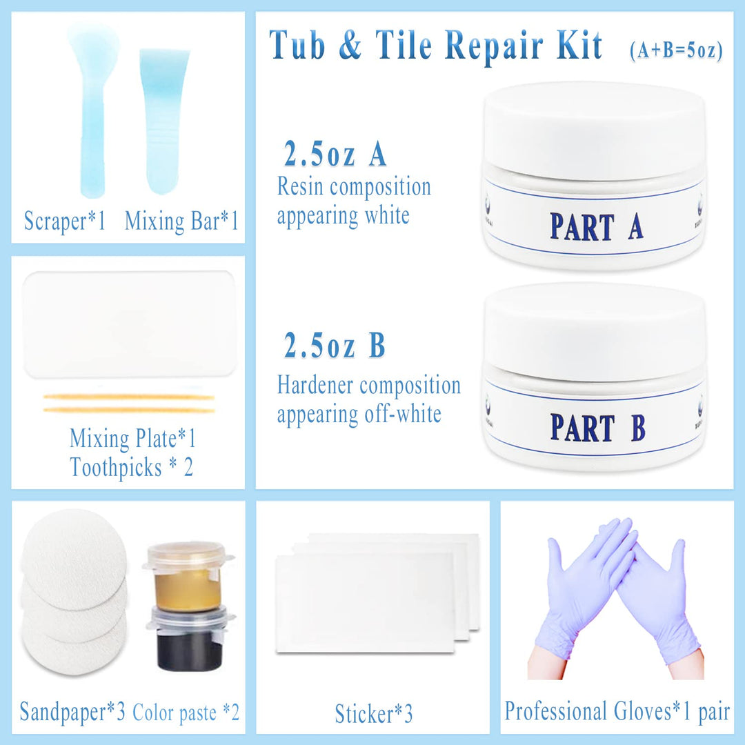 Bath Repair Kit (Color Match) 5oz Tub, Tile and Shower Tray Repair Kits Acrylic, Sink, Porcelain Repair Kit Acrylic White/Black/White/Grey White/Cashmere Grey/Thuner Gray/Dune/Biscuit/Almond/Bone