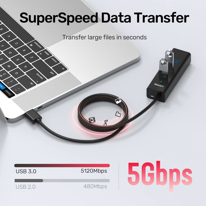 4-Port USB 3.0 Hub, 4 Ft Long Cable USB Extension Multiple Port Splitter with Micro USB Charging Port Compatible for Windows PC, Laptop,Flash Drive,Wireless Mouse Keyboard 1.2 M - Black