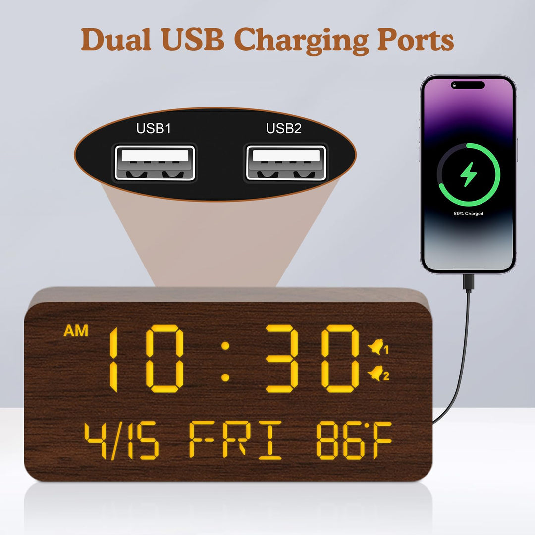 Andoolex Wooden Digital Alarm Clock with Wireless Charg
