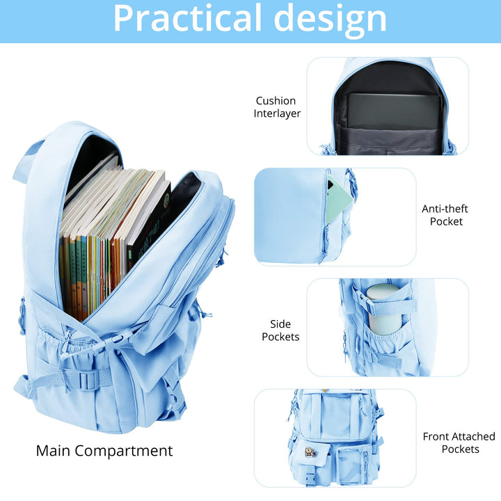 Kawaii Backpack Lovely Pastel Rucksack for Teen Girls Aesthetic Student Bookbags with Kawaii Pin and Cute Accessories (Light Blue-C)