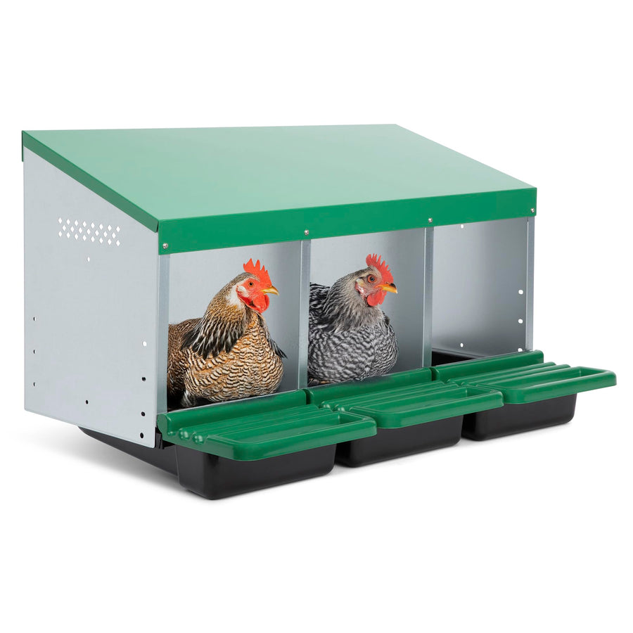 3 Compartment, Forward Rollout & Rollaway, Hen & Chicken Nesting Box with Integrated Perch and Protective Egg Laying Collection Lids