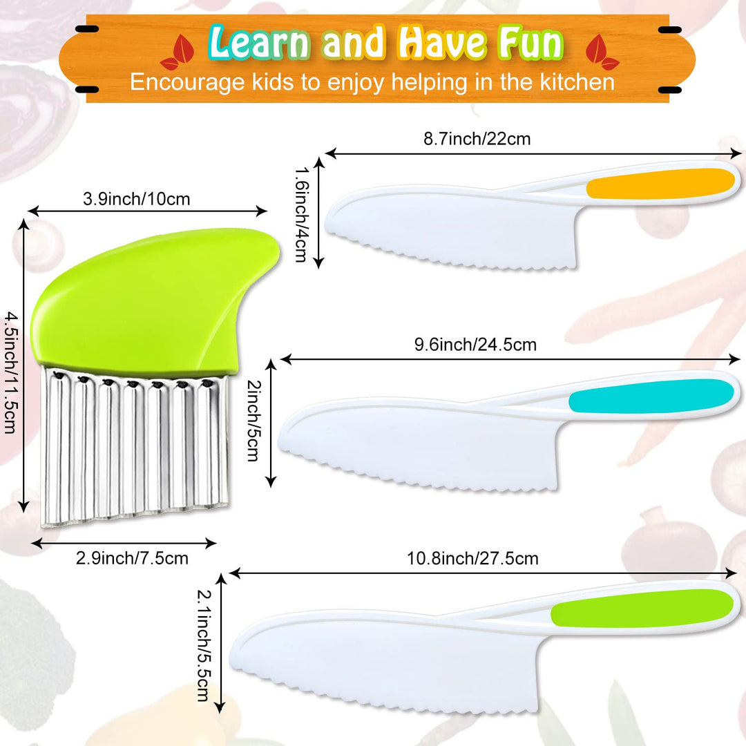 4 Pcs Kids Knife Set, Nylon Kitchen Knife with Crinkle Cutter, Serrated Edges Plastic Toddler Chef Knife for Real Cooking &amp; Cutting Fruit Bread
