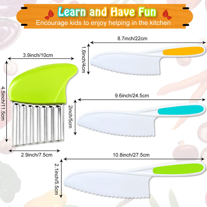4 Pcs Kids Knife Set, Nylon Kitchen Knife with Crinkle Cutter, Serrated Edges Plastic Toddler Chef Knife for Real Cooking &amp; Cutting Fruit Bread