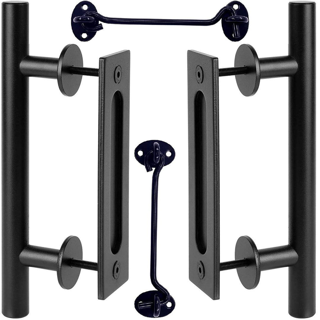 Barn Door Handles Black 12 inch - Sliding Barn Door Handle with Lock Barndoor Hardware Set, Bard Flat Back Plate - Barnwood kit, Inset Knobs Closet Finger Flush Pulls Barnyard Barb Latch Closure Pull