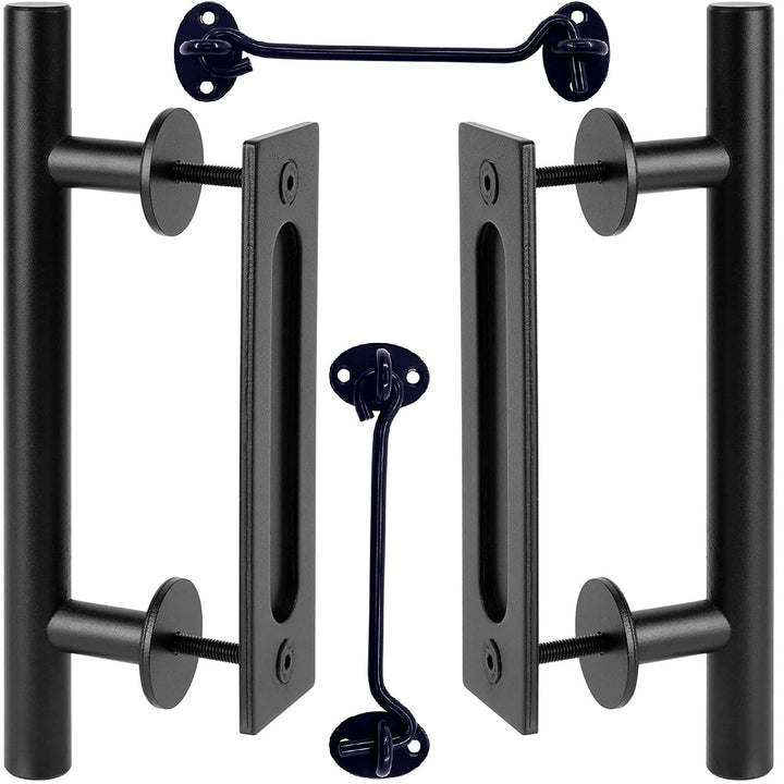 Barn Door Handles Black 12 inch - Sliding Barn Door Handle with Lock Barndoor Hardware Set, Bard Flat Back Plate - Barnwood kit, Inset Knobs Closet Finger Flush Pulls Barnyard Barb Latch Closure Pull
