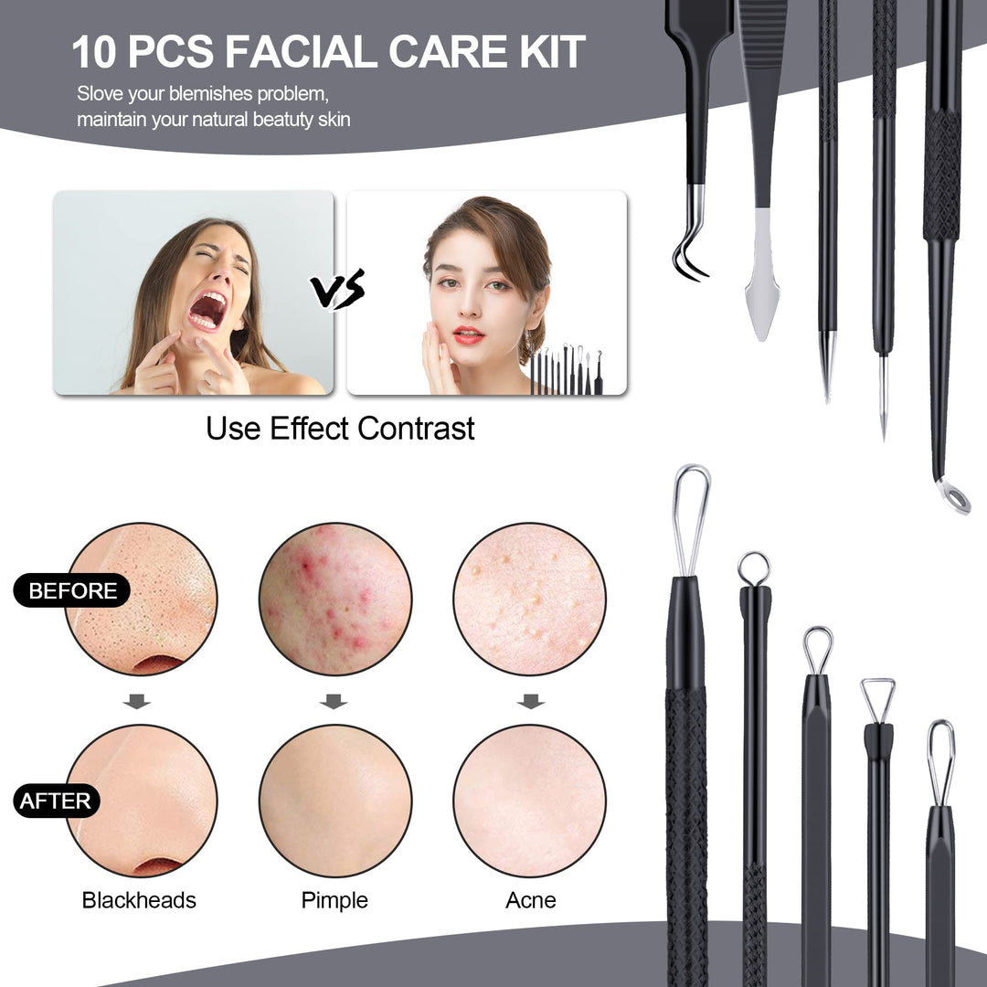 Pimple Popper Tool Kit 10 Pcs, Newest Blackhead Remover Pimple Comedone Extractor Tools for Easy and Fast Removal of Blackheads, Pimples and Blemish on Face, with Elaborate Leather Bag
