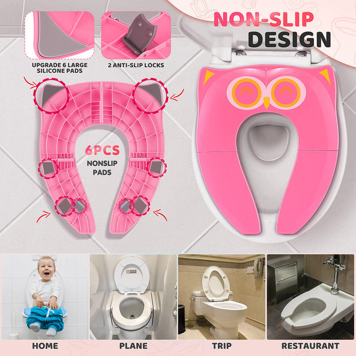 Upgrade Non-Slip Easily Removed Foldable Travel Potty Seat for Toddlers &amp; Kids, 6 Large Non-slip Silicone Pad, Home Reusable Portable Toilet Seat Cover Fits Most Toilets, Free Carry Bag