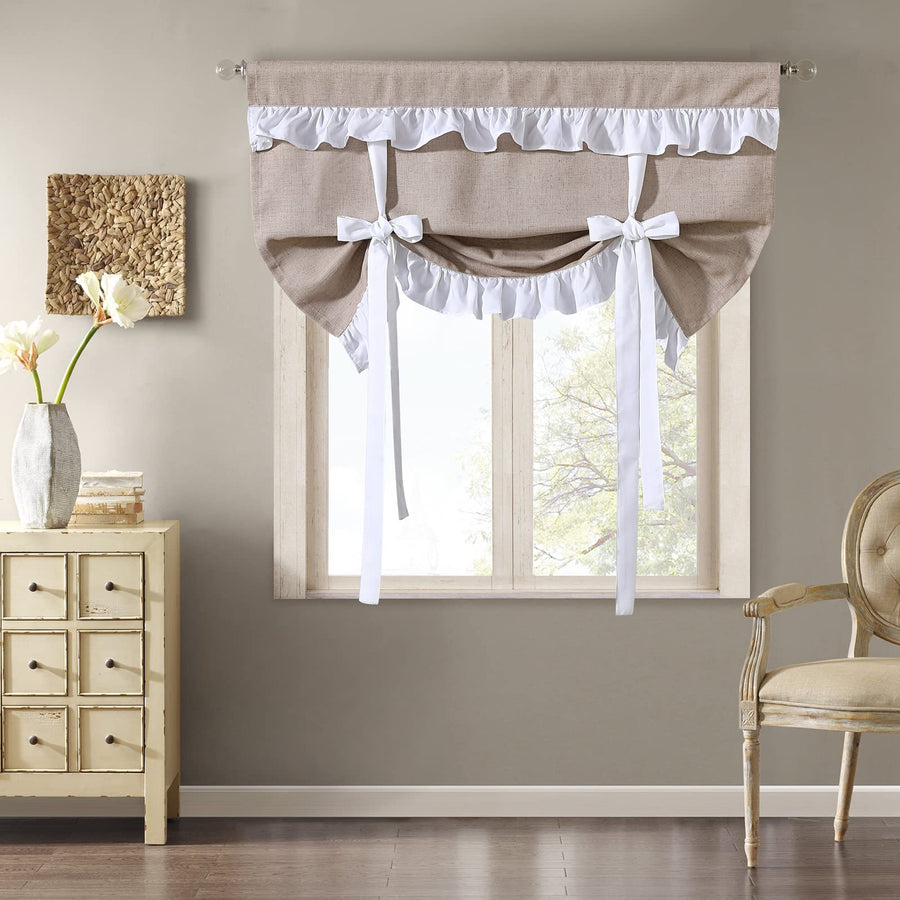 Modern Farmhouse Tie Up Valances for Windows 21’’L x 34’’W, French Country Ruffle Linen Burlap Small Kitchen Bathroom Curtain Valance Adjustable Tie Up Balloon Roman Window Shades, Khaki