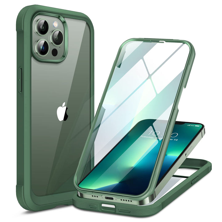 Glass Case Compatible with iPhone 13 Pro Max Case 6.7 inch, [Glass Screen Protector] Full Body Rubber Bumper Case Cover (Alpine Green)