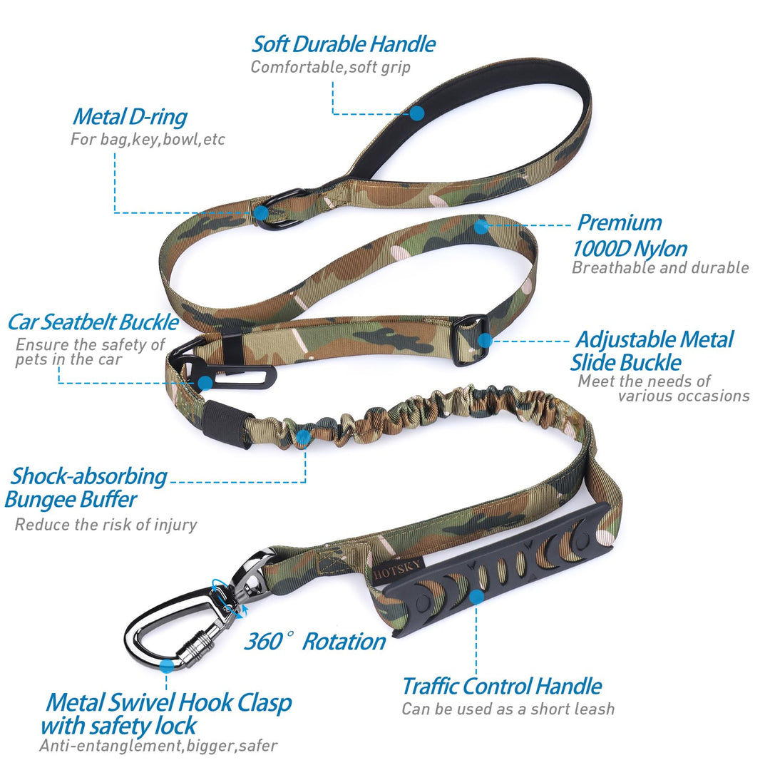 Heavy Duty Dog Leash,Military Dog Leash with Car Seat Belt and Double Handle for Large Dogs Up to 800lbs, 4-6ft Shock Absorbing Retractable Strong Dog Leashes for Training and Walking,Camo