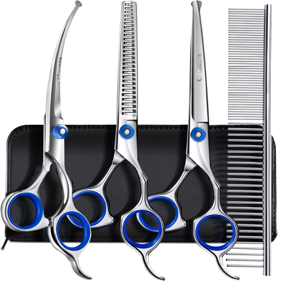 Professional 5 in 1 Grooming Scissors for Dogs 4CR with Safety Round Tip, Heavy Duty Titanium Coated Straight & Thinning & Curved Shears