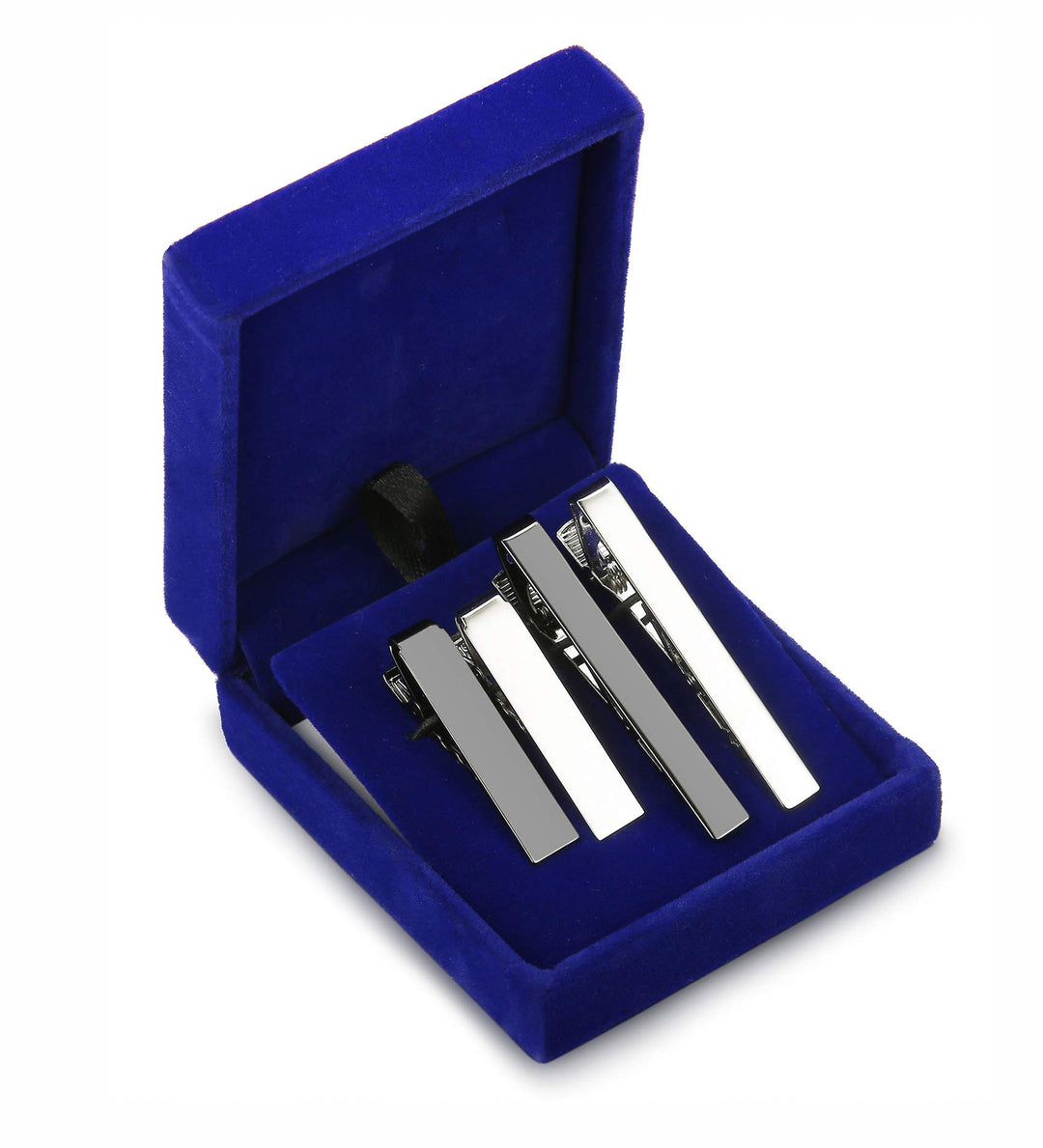 2pcs 2.15Inch Mens Tie Bar Pinch Clip Set for Regular Ties and 2pcs 1.5Inch Skinny Tie Clip with Gift Box Silver Black Tone Pack