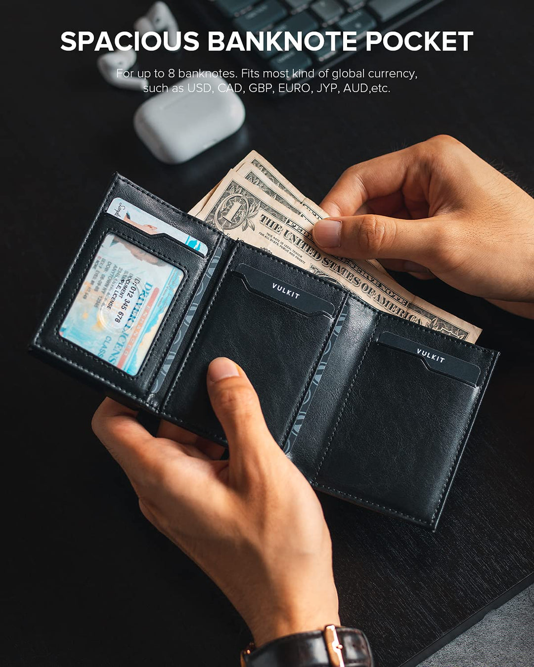 Card Holder Wallet with Coin Pocket Magnetic Closure Pop Up Cards With ID Window Leather Wallet for Cash &amp; Credit Cards, Black