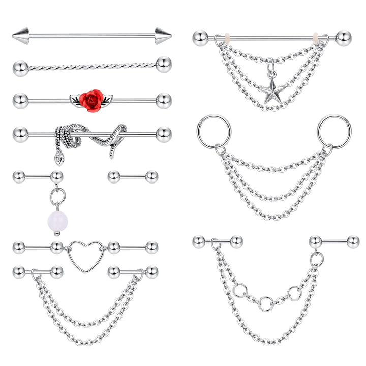 Industrial Piercing Jewelry 14G 16G Stainless Steel Industrial Earrings with Chain Dangle Industrial Piercing Bar Double Cartilage Helix Piercing Earrings Industrial Barbell for Women Men