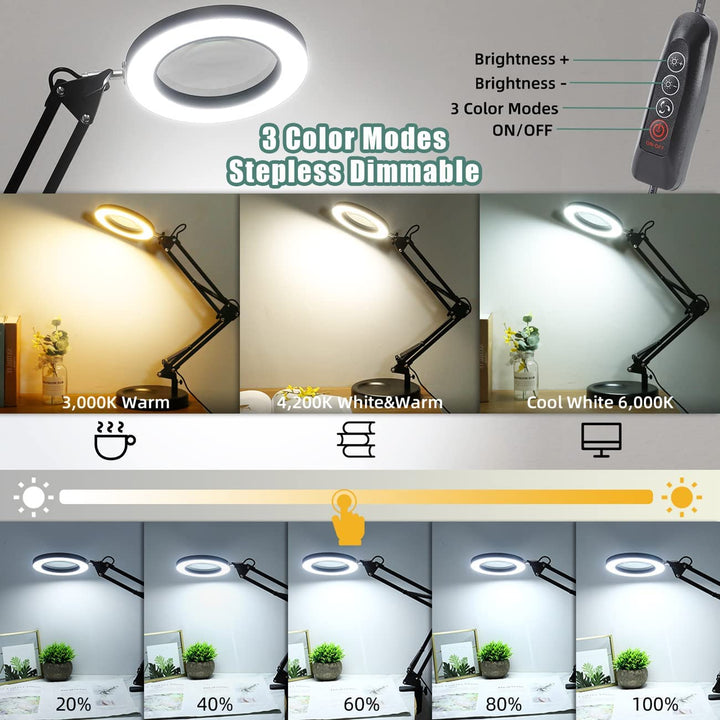 10X Magnifying Glass with Light and Stand, Veemagni 2-in-1 Real Glass Magnifying Desk Lamp & Clamp, 3 Color Modes Stepless Dimmable LED Lighted Magnifier with Light for Hobby Crafts Repair Close Works