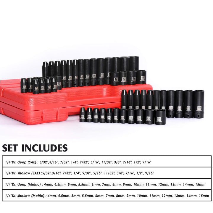 50 Pieces 1/4 Dr. Impact Socket Set, CR-V, 6 Point, SAE/Metric, 5/32 Inch - 9/16 Inch, 4mm - 15mm, Shallow/Deep