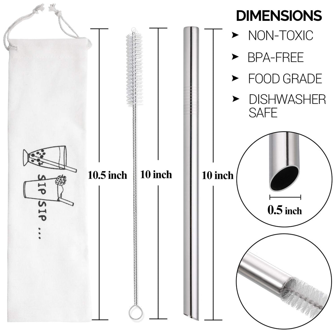 [Angled Tips] 2 Pcs Jumbo Reusable Bubble Tea Straws & Smoothie Straws, 0.5 Wide Stainless Steel Straws, Metal Straws for Bubble Tea/Tapioca Pearl, Milkshakes,Smoothies | 1 Cleaning Brush & 1 Case