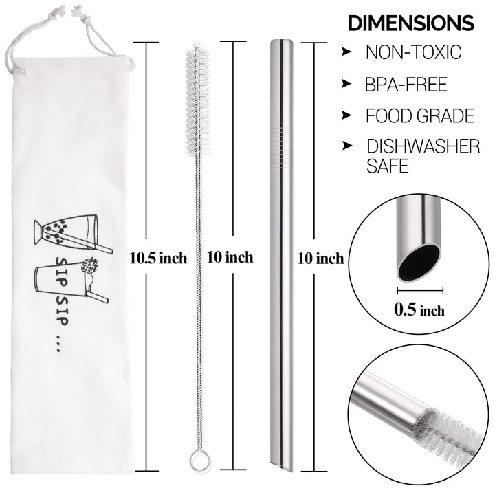 [Angled Tips] 2 Pcs Jumbo Reusable Bubble Tea Straws & Smoothie Straws, 0.5 Wide Stainless Steel Straws, Metal Straws for Bubble Tea/Tapioca Pearl, Milkshakes,Smoothies | 1 Cleaning Brush & 1 Case