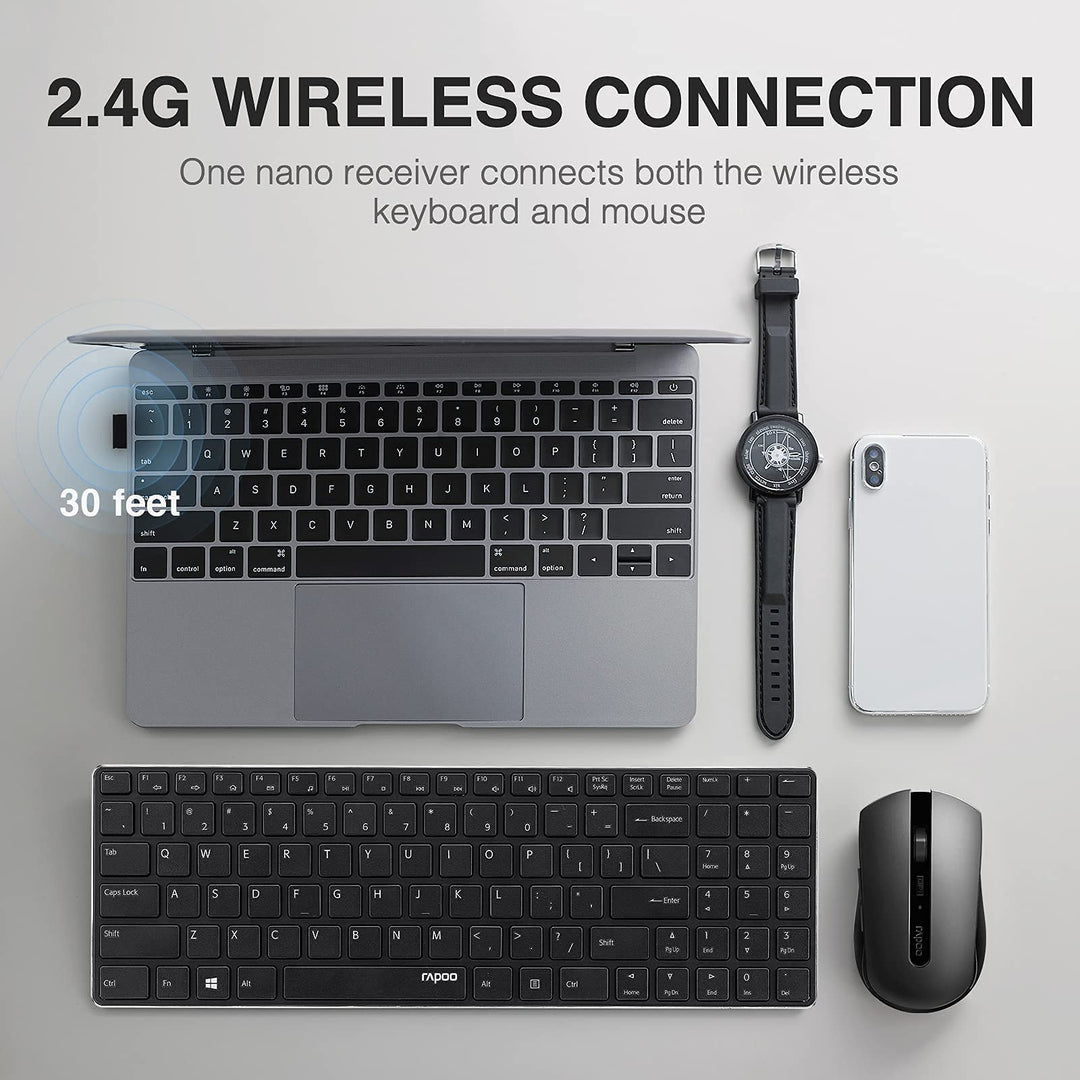 Rapoo Slim Wireless Keyboard and Mute Mouse Combo, 4.9m
