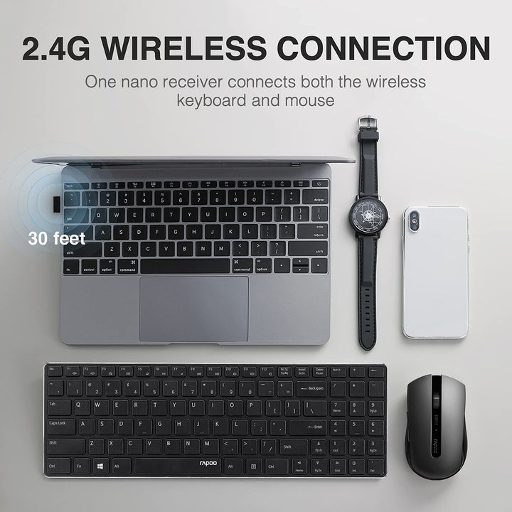 Rapoo Slim Wireless Keyboard and Mute Mouse Combo, 4.9m
