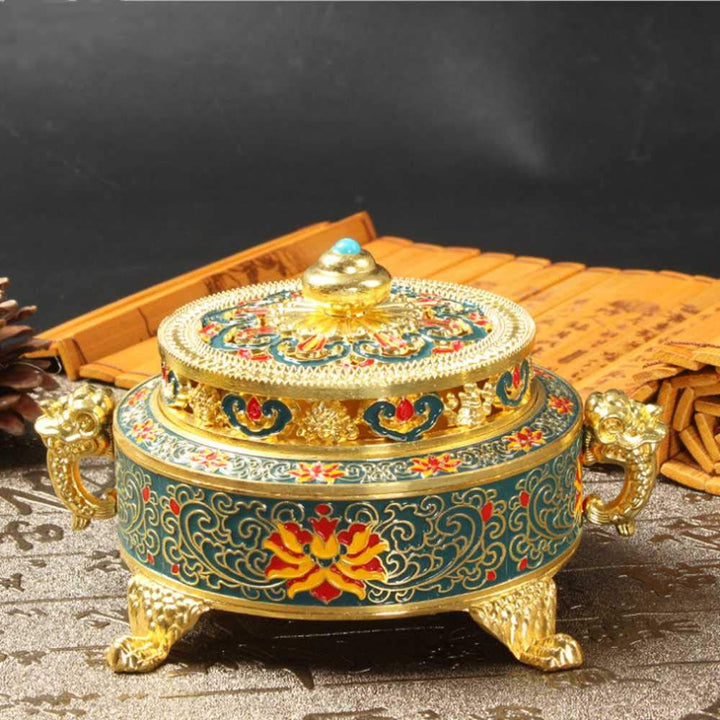 Golden Tibetan Incense Burner Holder for Sticks Cones Coils, Metal Lotus Tibet Decor Chinese Incense Burner, Antique Home Fragrance Accessories