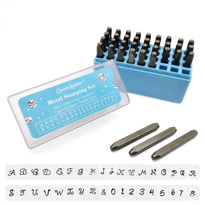 QueenLeather 36PCS 3mm (1/8) Letter &amp; Number Metal Stamping Kit Uppercase Steel Punch Making Set Press Tool for Imprinting Jewelry Wood Leather (Cursive Font)