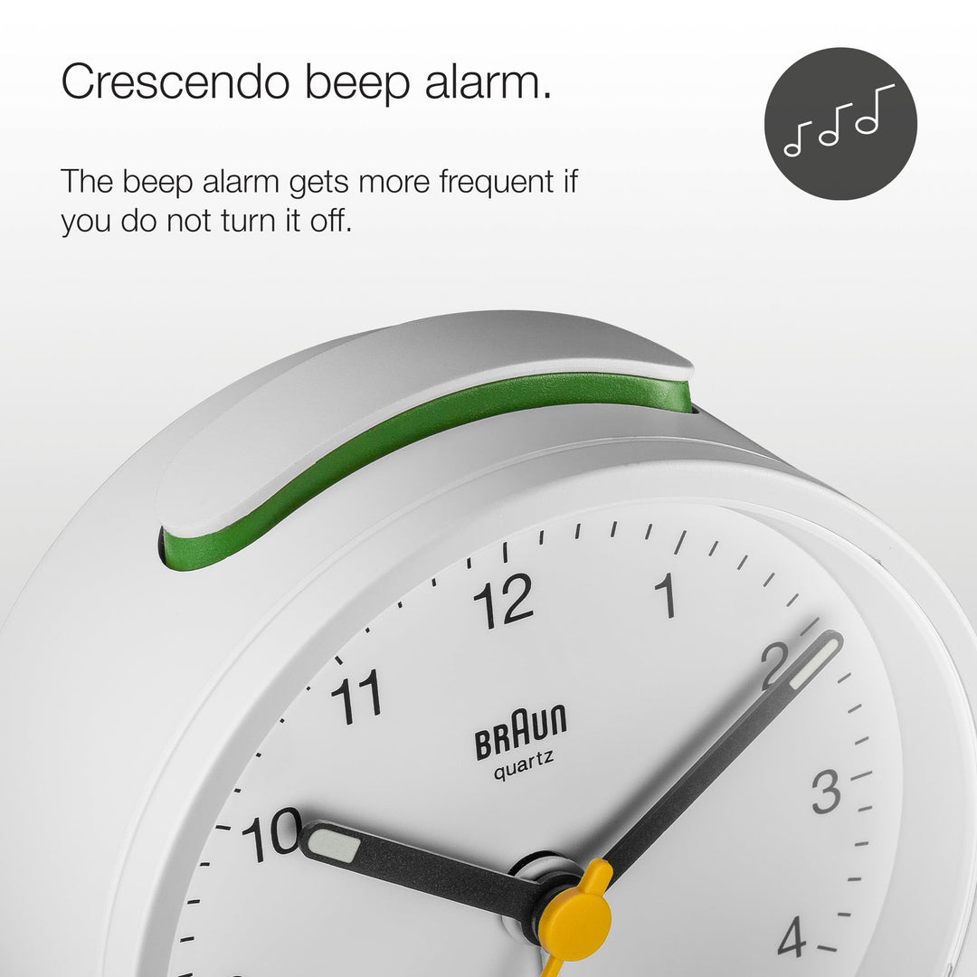 Braun Classic Analogue Alarm Clock with Snooze and Light, Quiet Quartz Movement, Crescendo Beep Alarm in White, Model BC12W.
