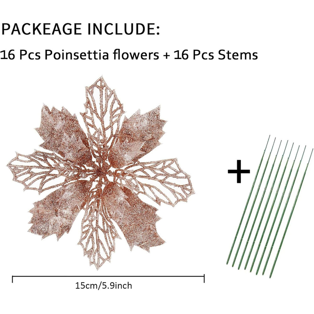 Wironlst 16 Pcs Glitter Poinsettia Flowers Artificial -
