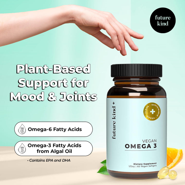Vegan Omega 3 Supplement - Glass Bottle, Carrageenan-Free Algae, DHA &amp; EPA for Joint &amp; Mood Support - 2 Month Supply for Kids &amp; Adults