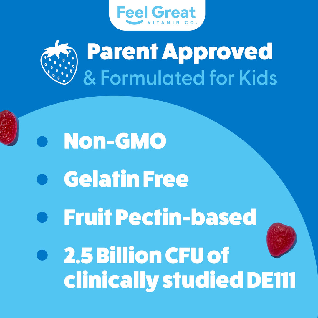 Feel Great USDA Organic Kids Probiotics Gummies | Chewable Strawberry Probiotics for Digestive Health &amp; Immune Support | Plant Based Probiotic &amp; Prebiotic for Kids | 30 Count