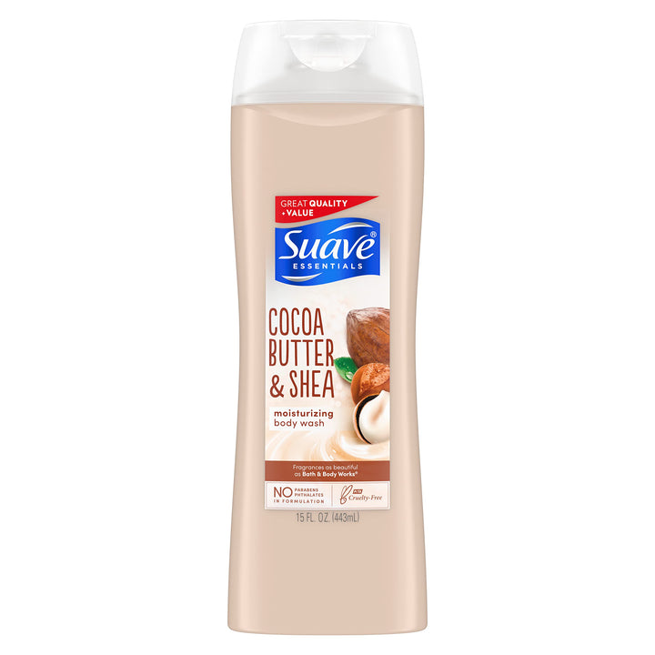 Suave Essentials Body Wash Creamy Cocoa Butter and Shea For Hydrated, Smooth Skin Infused with Vitamin E 15 oz