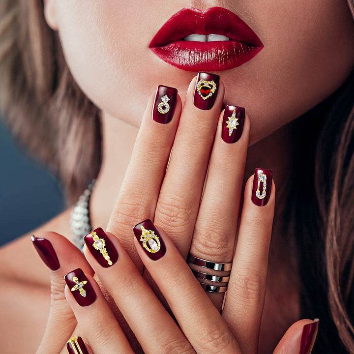 24x 3D Bling Rhinestones Nail Trims Studs Luxury Art Beauty Design Decoration, Gold Metal with Diamonds Gem Stones Various Styles Charms Manicure Nails Jewelry Making DIY Crafts Women Girls Xmas